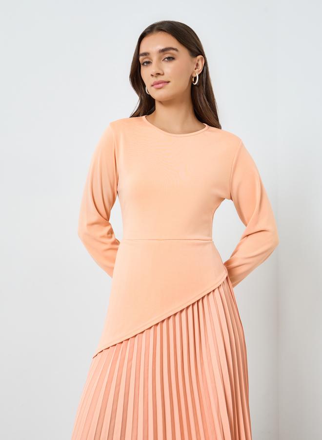 Styli Women Peach Pleated Long Sleeve Midi Dress - Image 2